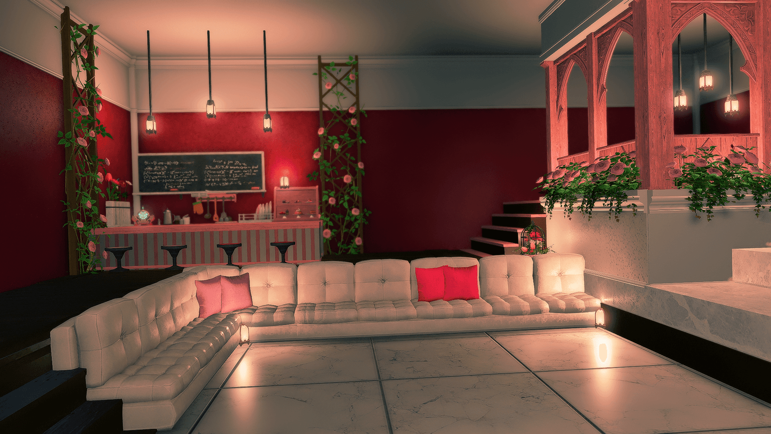 A blush candy lounge interior with drinks and sweets